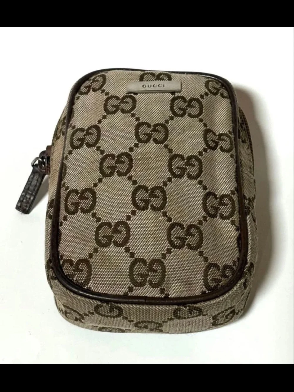 Gucci Brown Beige GG Monogram Cosmetic Pouch
